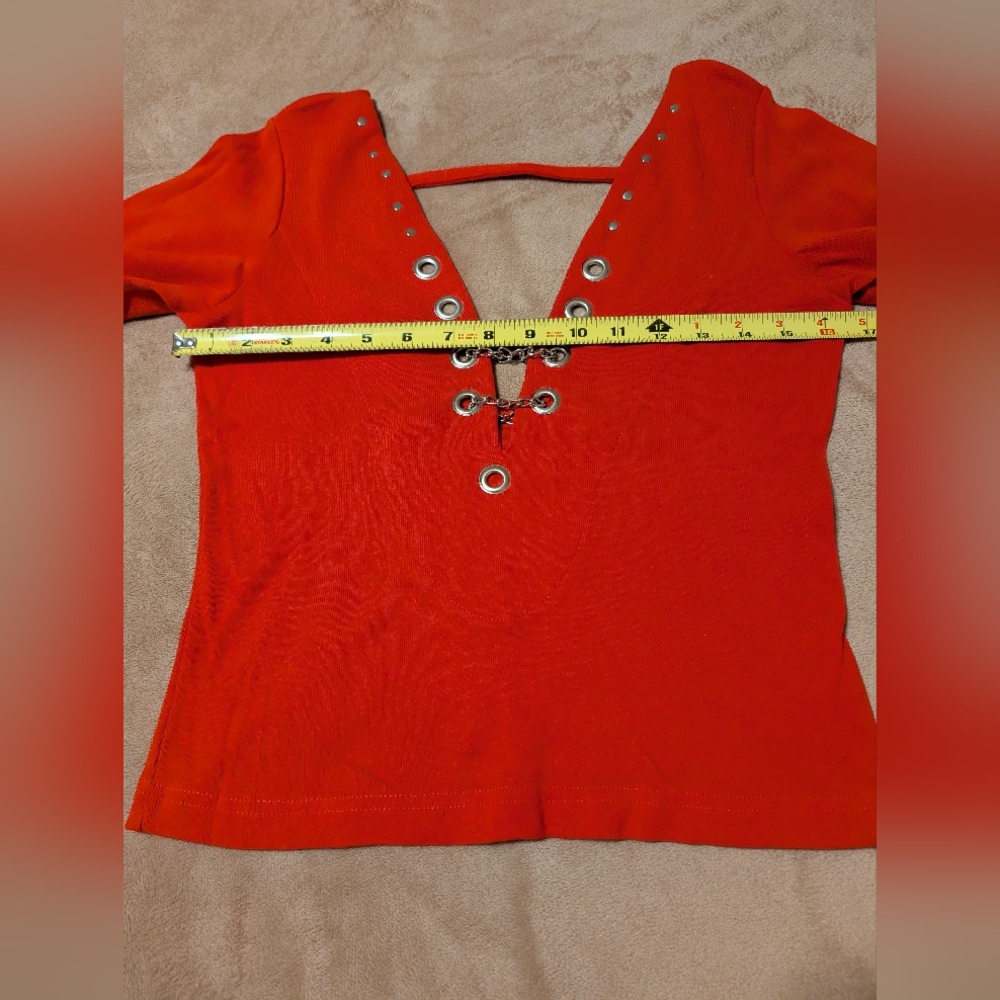 Red Cotton - Chrome Grommets & ⛓️‍💥 Long Sleeve Top - Picture 6 of 13